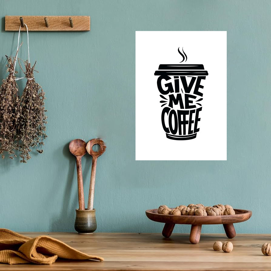 Funny coffee kitchen wall art print with the phrase “Give Me Coffee,” available in black and brown versions, perfect for kitchen, coffee bar, or office digital download decor
