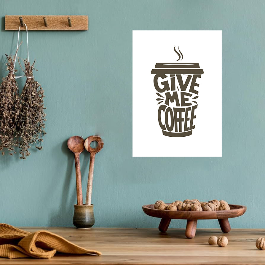 Funny coffee kitchen wall art print with the phrase “Give Me Coffee,” available in black and brown versions, perfect for kitchen, coffee bar, or office digital download decor