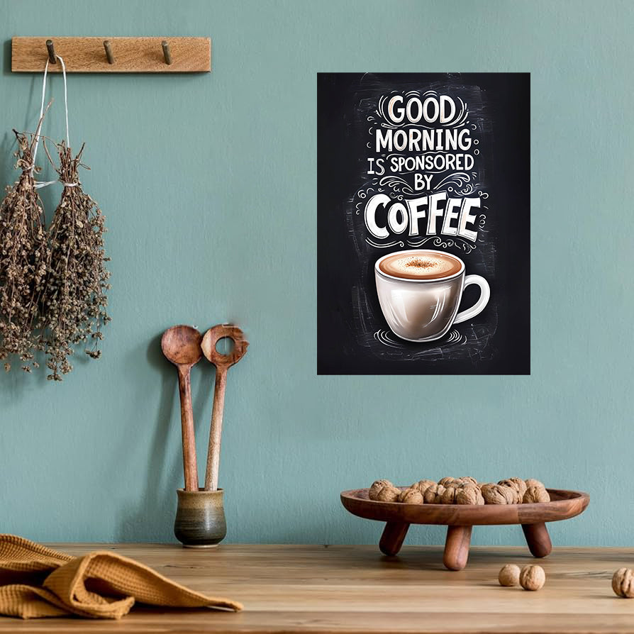 Funny kitchen wall art print with the phrase “Good Morning is Sponsored by Coffee,” perfect for kitchen and coffee nook decor digital download