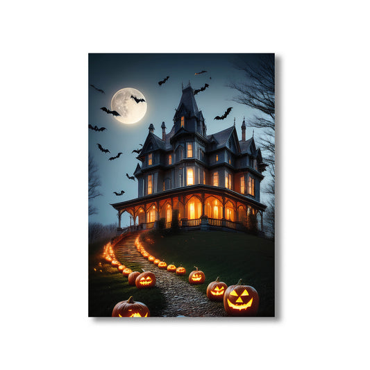 Cartoon gothic haunted Victorian mansion on a foggy hill with glowing pumpkins and bats – spooky Halloween illustration