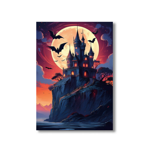 Cartoon gothic vampire castle on a cliff under a blood-red moon with bats flying across the night sky – spooky Halloween illustration