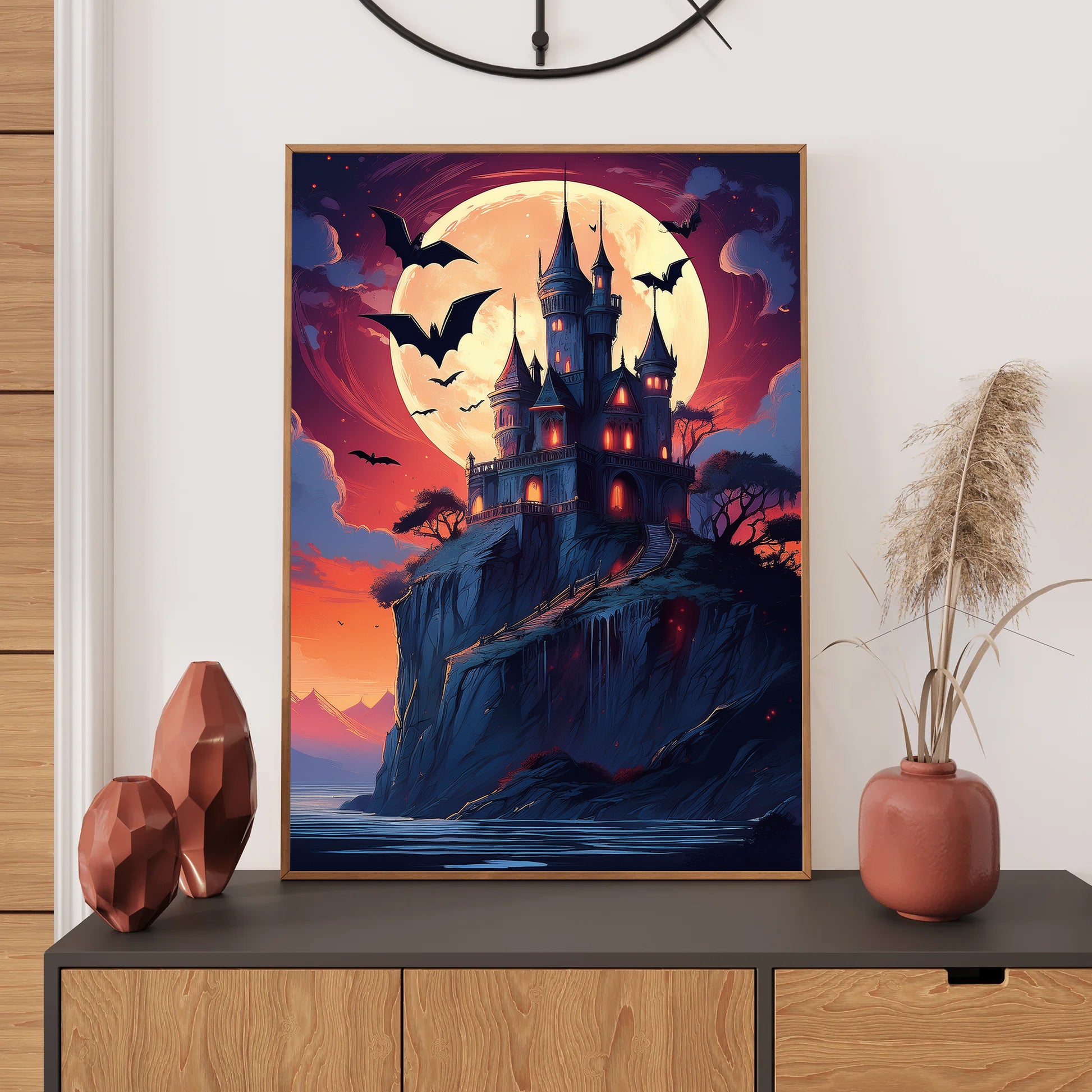 Cartoon gothic vampire castle on a cliff under a blood-red moon with bats flying across the night sky – spooky Halloween illustration