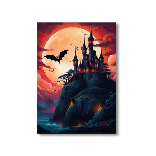 Cartoon gothic vampire castle on a cliff under a blood-red moon with bats flying across the night sky – spooky Halloween illustration