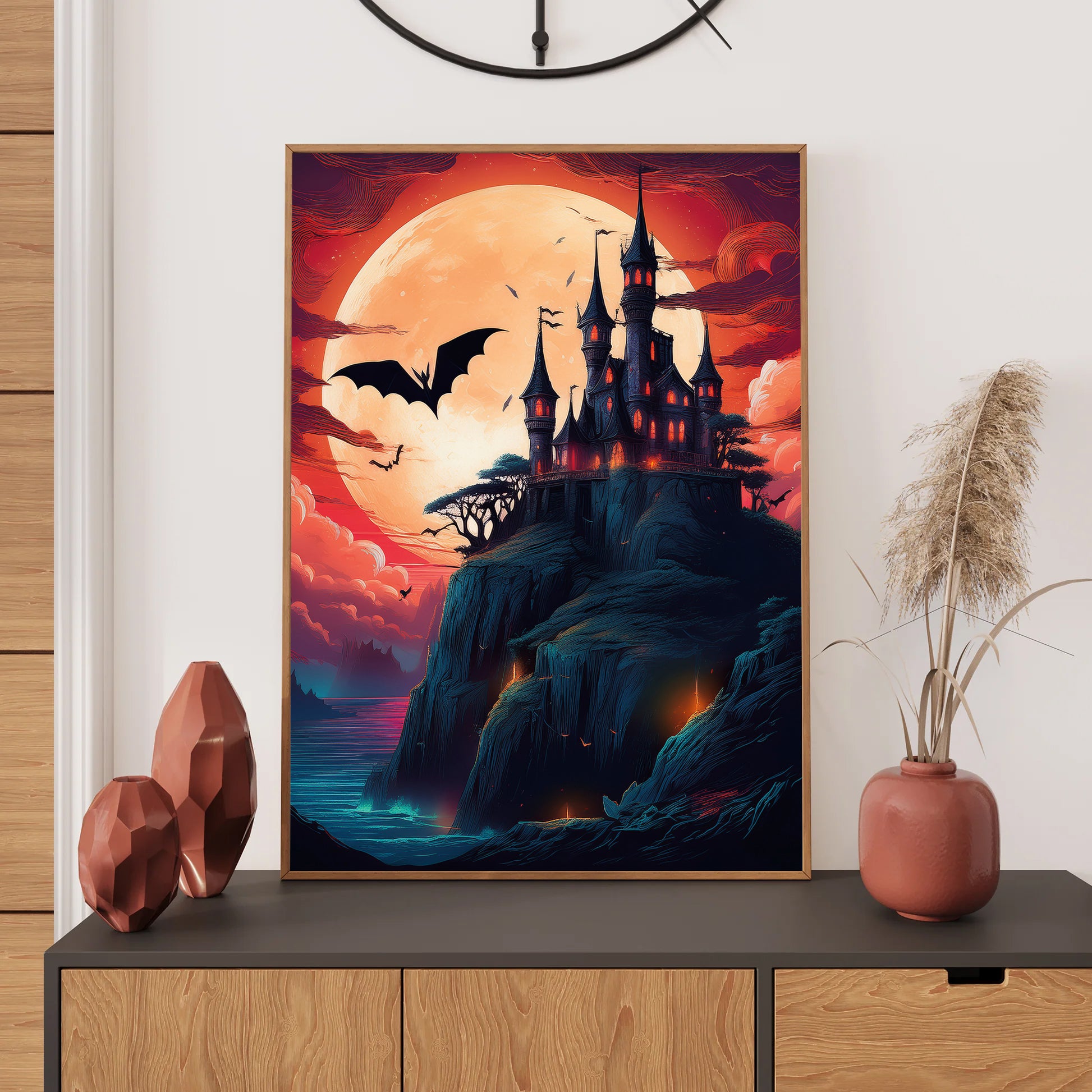 Cartoon gothic vampire castle on a cliff under a blood-red moon with bats flying across the night sky – spooky Halloween illustration