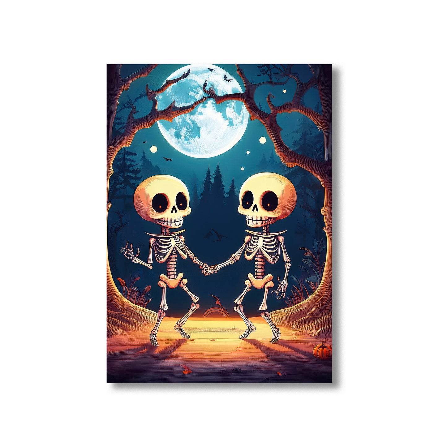 Cartoon skeletons dancing in a moonlit haunted forest – spooky gothic Halloween illustration