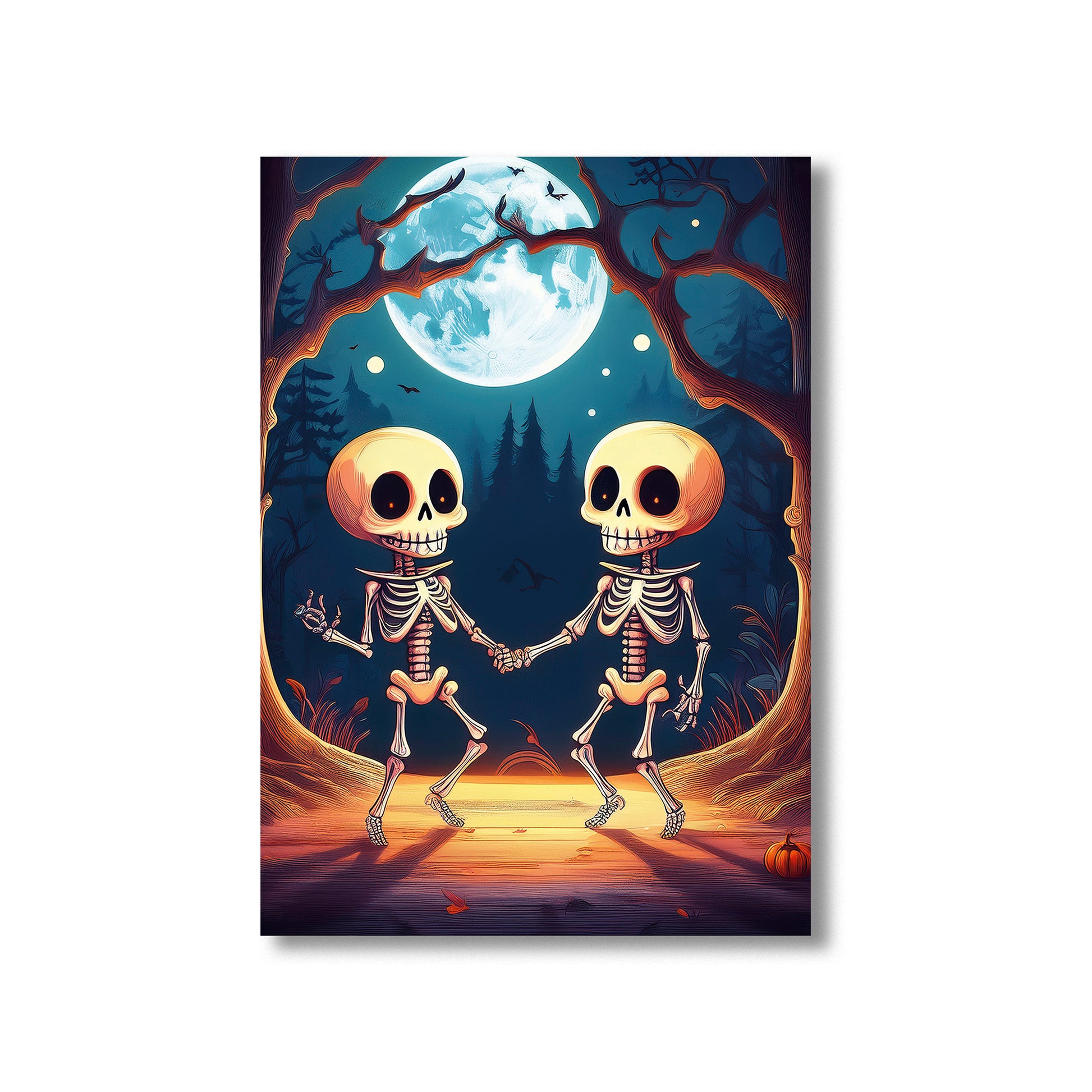 Cartoon skeletons dancing in a moonlit haunted forest – spooky gothic Halloween illustration