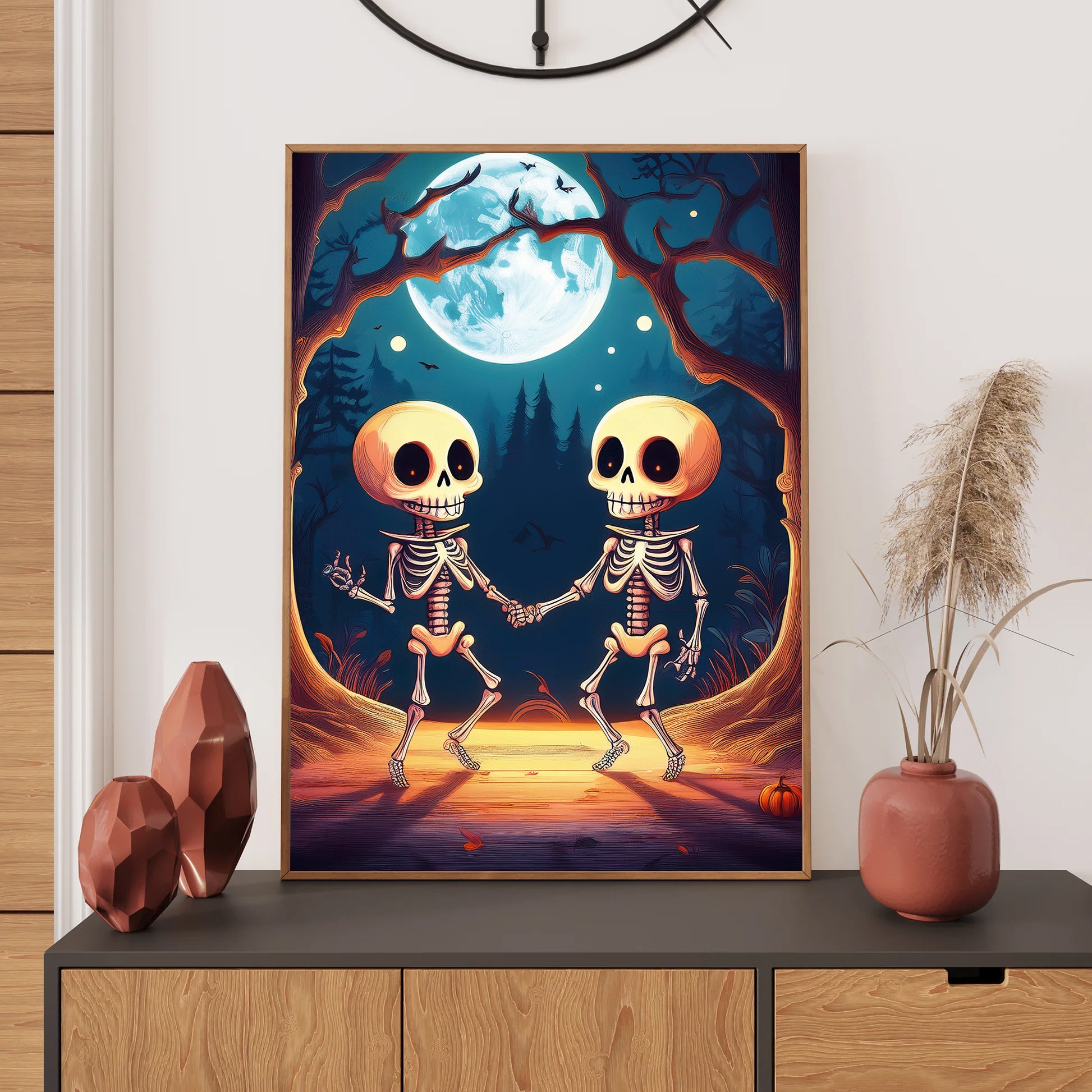 Cartoon skeletons dancing in a moonlit haunted forest – spooky gothic Halloween illustration