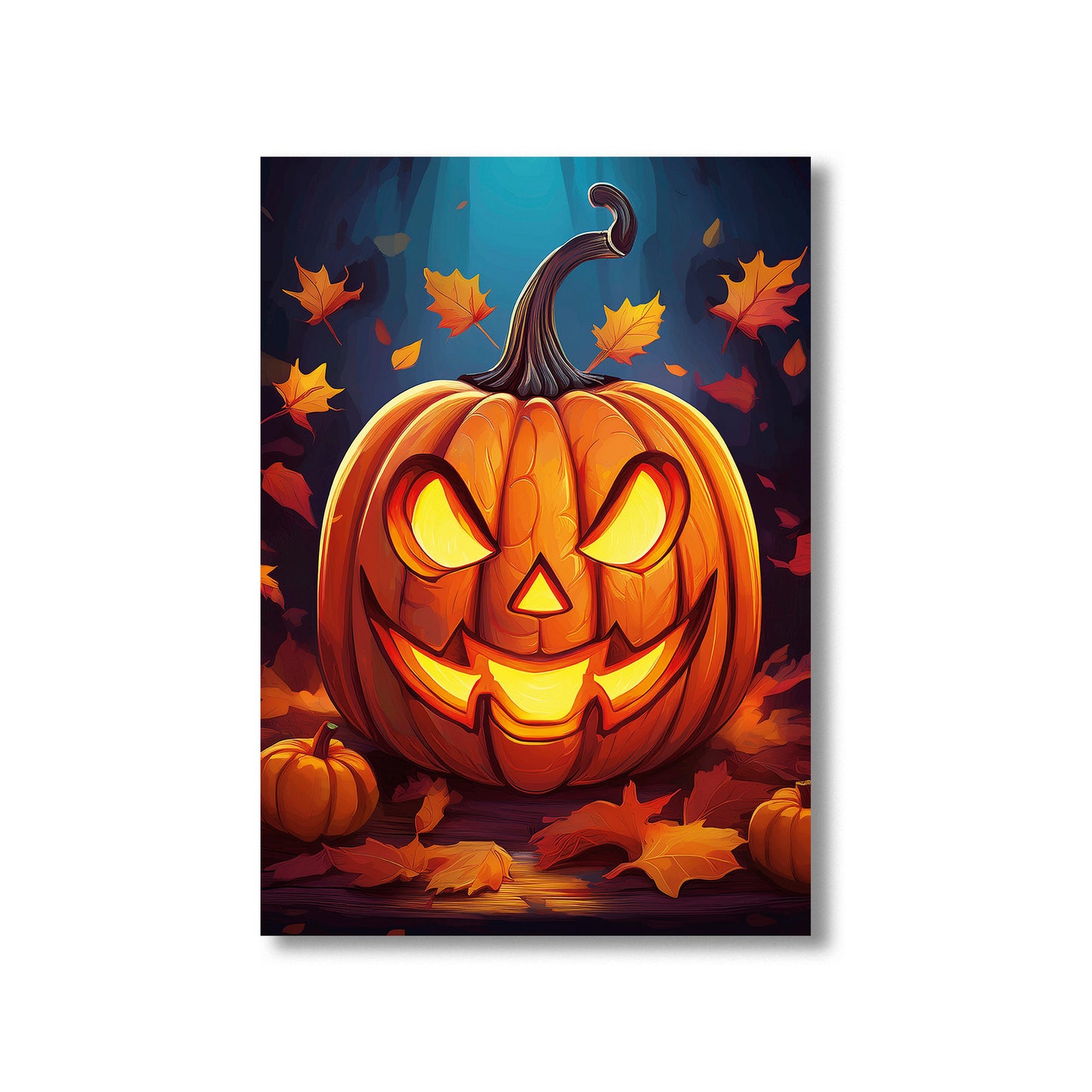 Cartoon glowing jack-o’-lantern surrounded by autumn leaves – spooky gothic Halloween pumpkin illustration