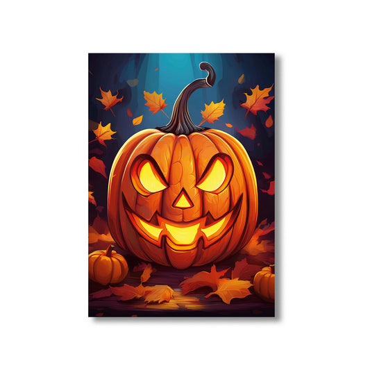 Cartoon glowing jack-o’-lantern surrounded by autumn leaves – spooky gothic Halloween pumpkin illustration