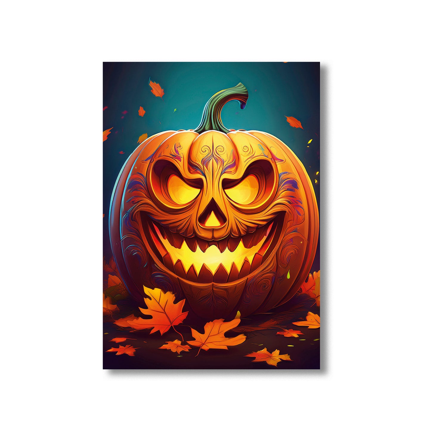 Cartoon glowing jack-o’-lantern surrounded by autumn leaves – spooky gothic Halloween pumpkin illustration