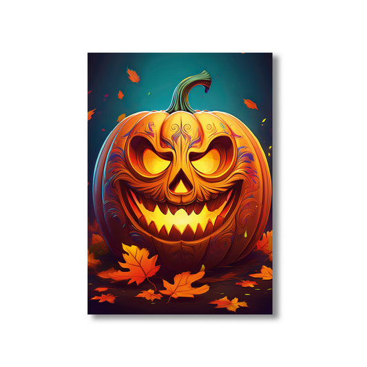 Cartoon glowing jack-o’-lantern surrounded by autumn leaves – spooky gothic Halloween pumpkin illustration