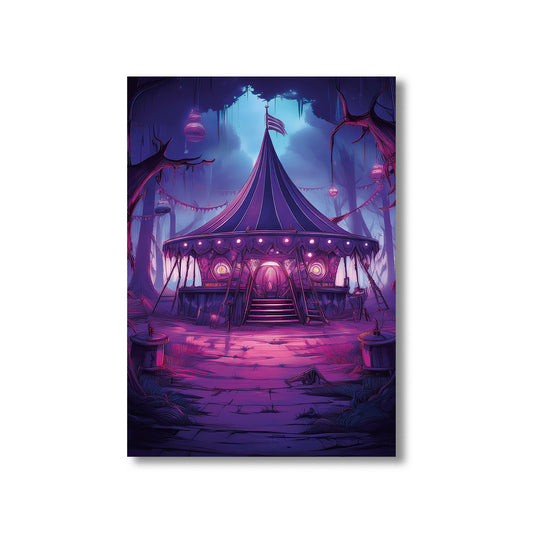 Cartoon haunted carnival with broken rides and glowing lights – spooky gothic Halloween illustration