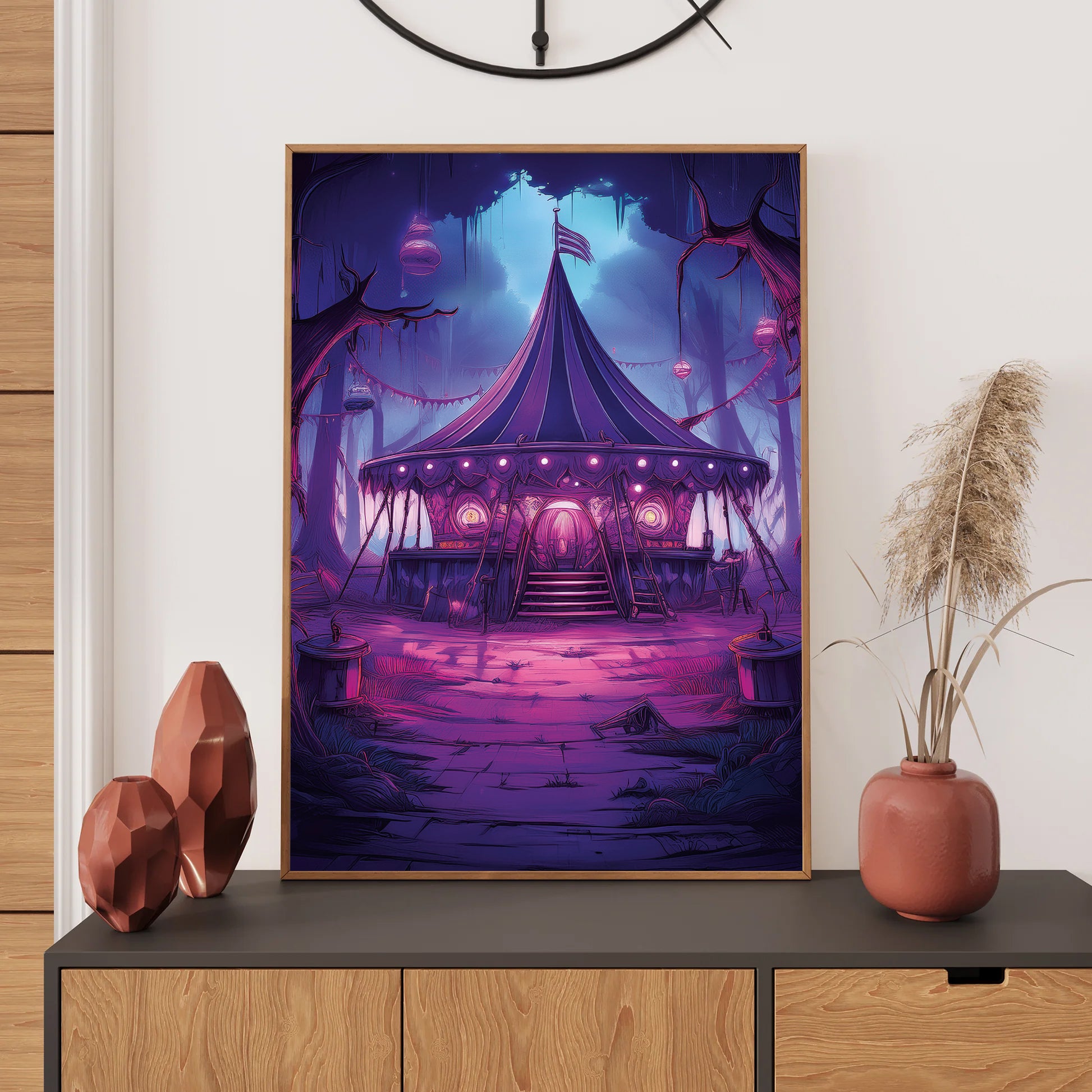 Cartoon haunted carnival with broken rides and glowing lights – spooky gothic Halloween illustration