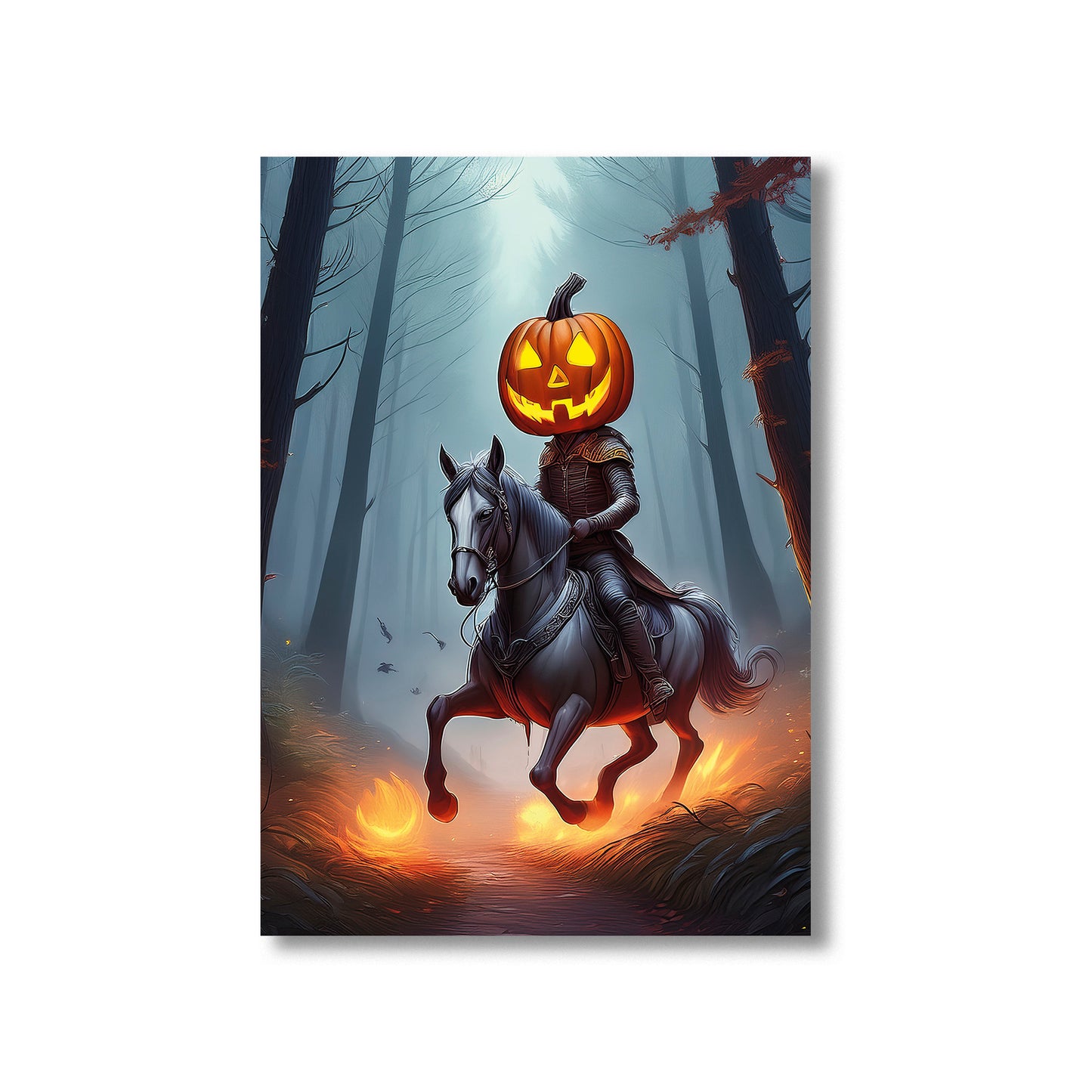 Cartoon headless horseman riding through a foggy forest with a flaming pumpkin head – spooky gothic Halloween illustration