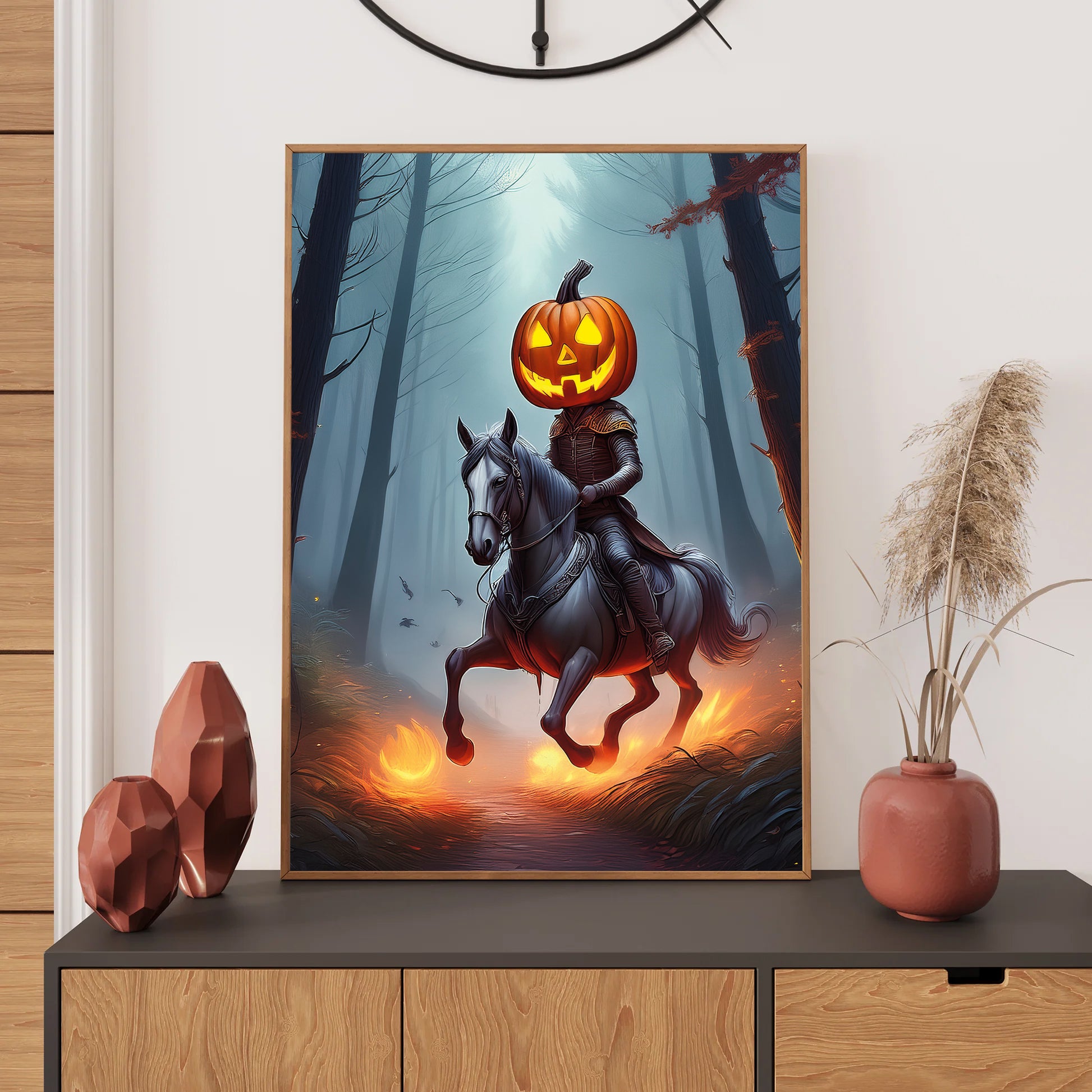 Cartoon headless horseman riding through a foggy forest with a flaming pumpkin head – spooky gothic Halloween illustration
