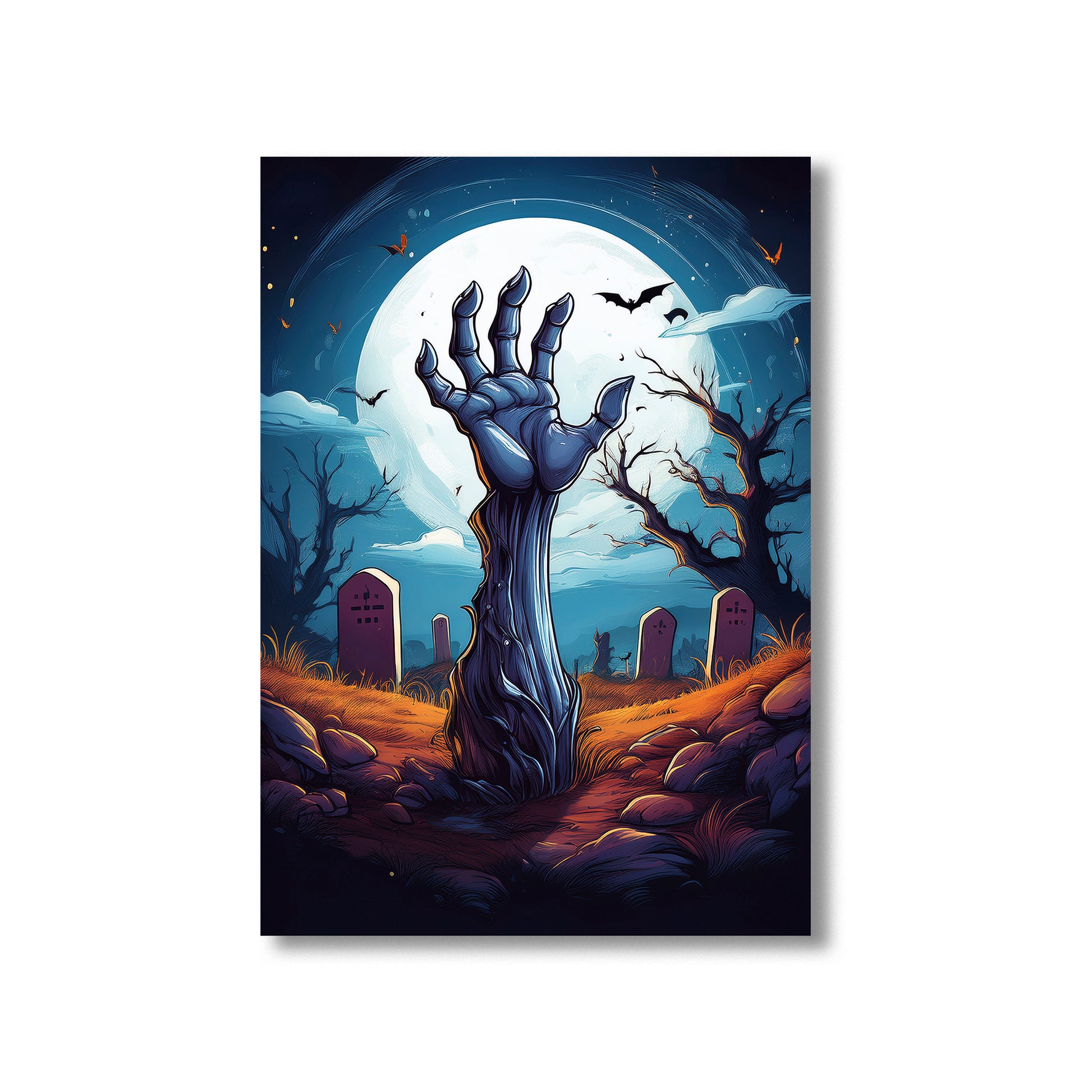 Cartoon zombie hand rising from a grave in a moonlit cemetery – spooky gothic Halloween illustration