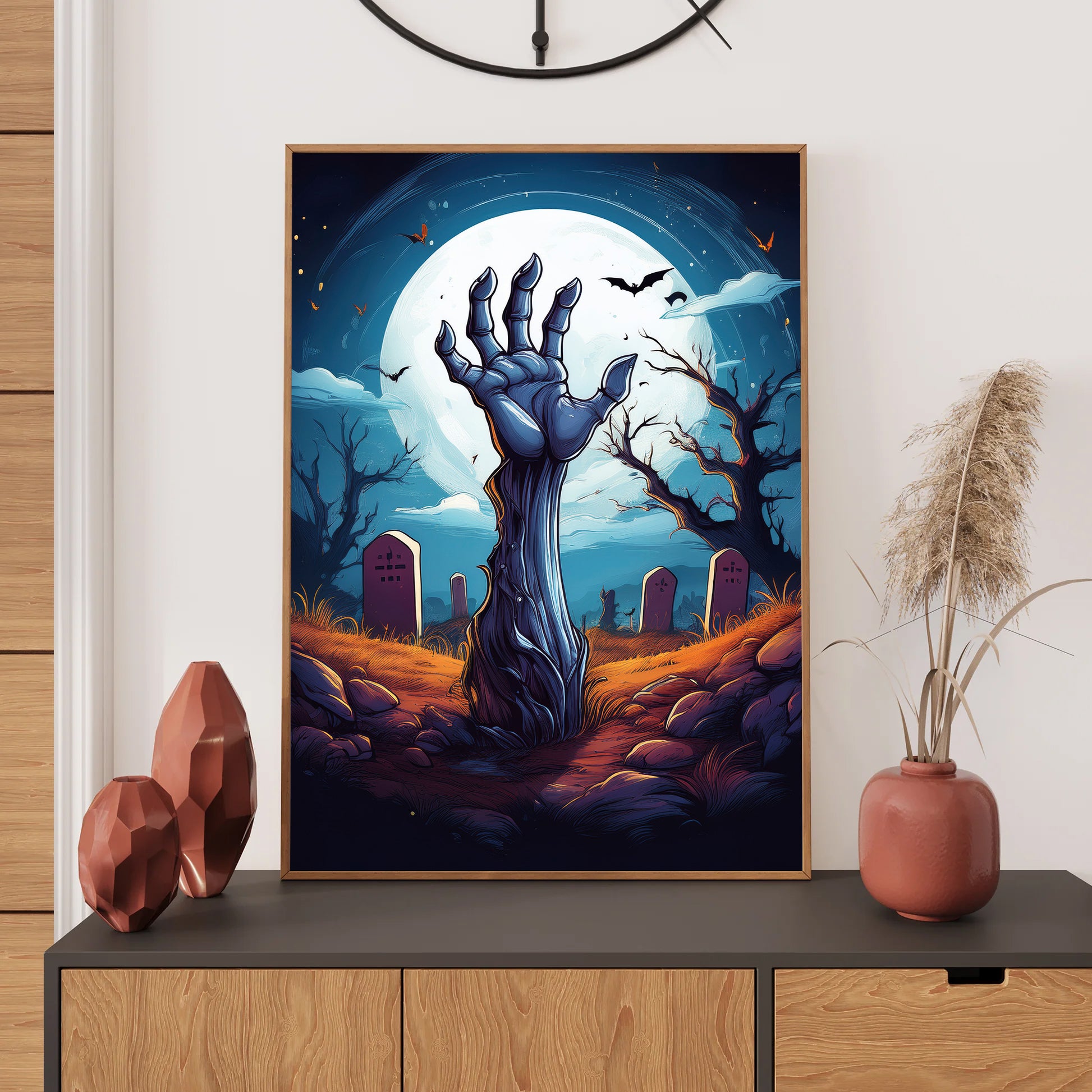 Cartoon zombie hand rising from a grave in a moonlit cemetery – spooky gothic Halloween illustration
