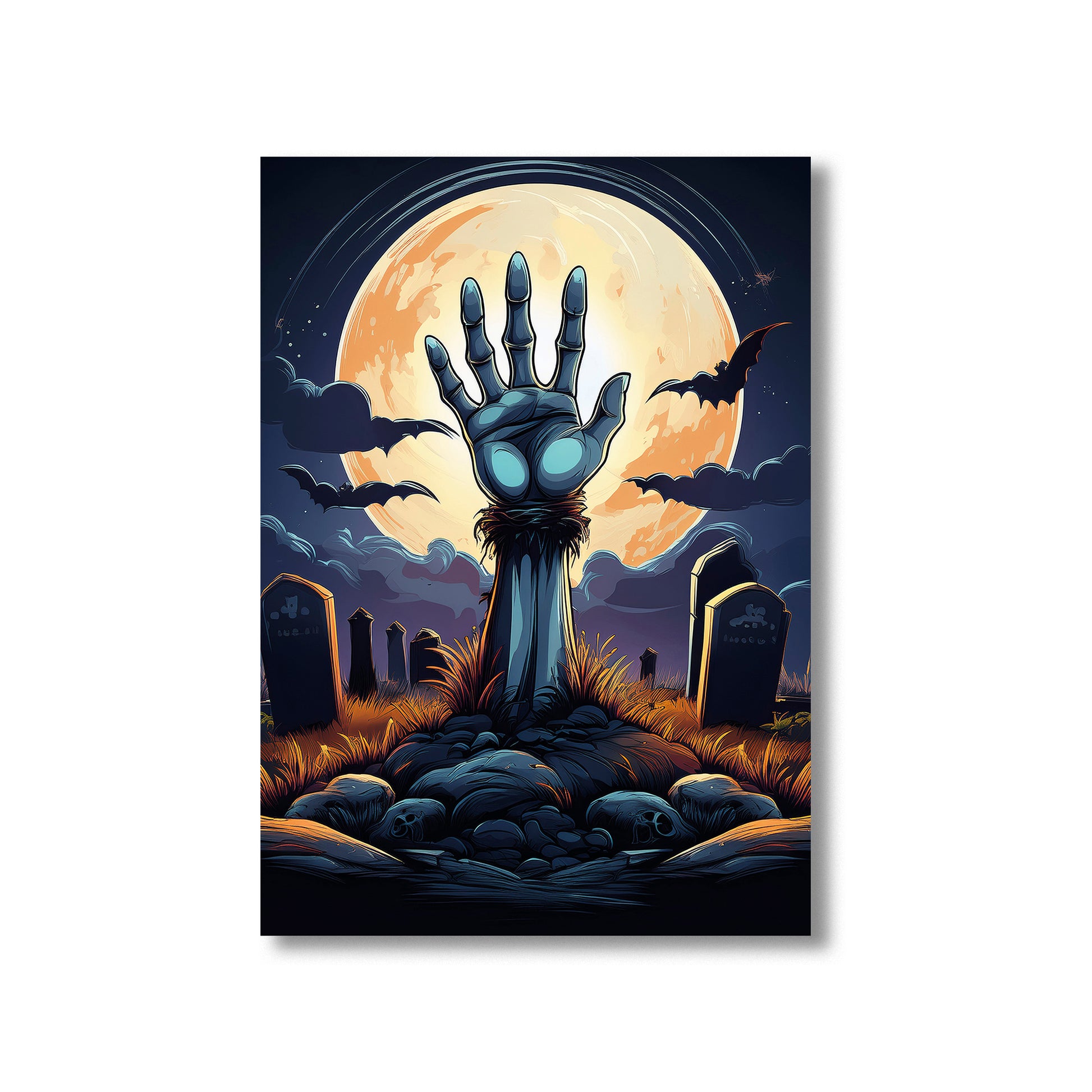 Cartoon zombie hand rising from a grave in a moonlit cemetery – spooky gothic Halloween illustration