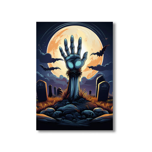 Cartoon zombie hand rising from a grave in a moonlit cemetery – spooky gothic Halloween illustration