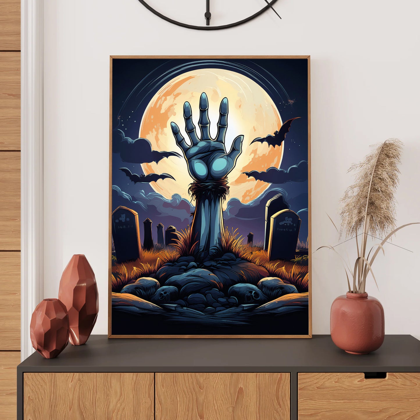 Cartoon zombie hand rising from a grave in a moonlit cemetery – spooky gothic Halloween illustration