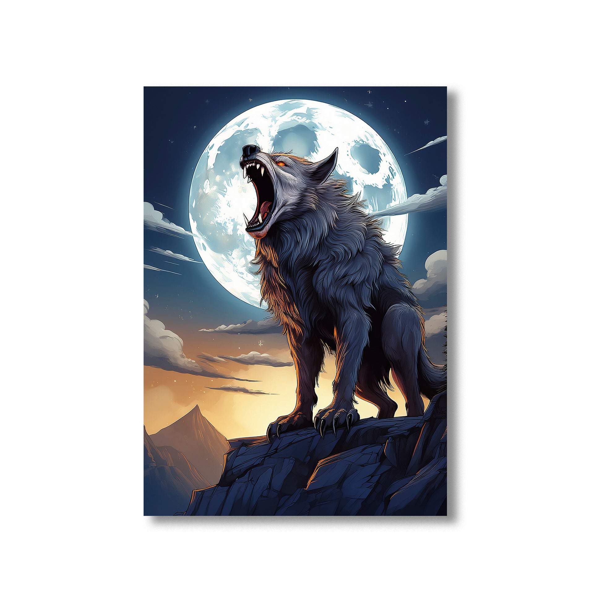 Cartoon werewolf howling on a rocky cliff under a glowing full moon – spooky gothic Halloween illustration