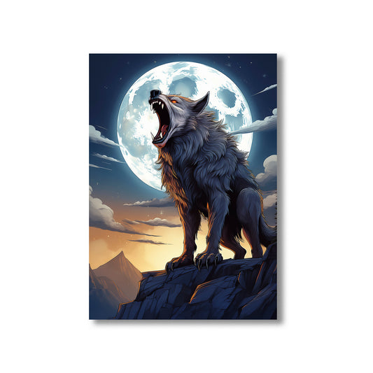 Cartoon werewolf howling on a rocky cliff under a glowing full moon – spooky gothic Halloween illustration