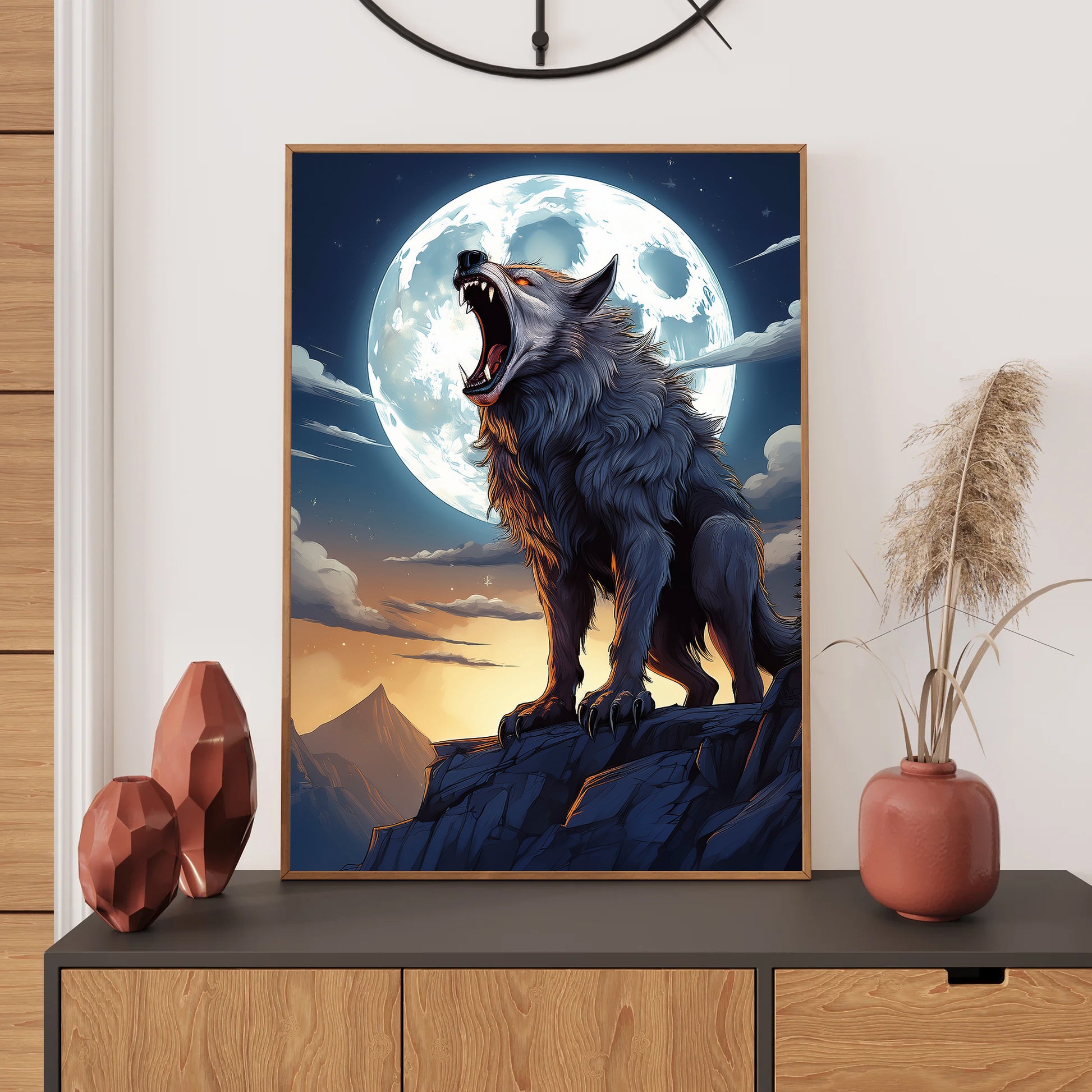 Cartoon werewolf howling on a rocky cliff under a glowing full moon – spooky gothic Halloween illustration