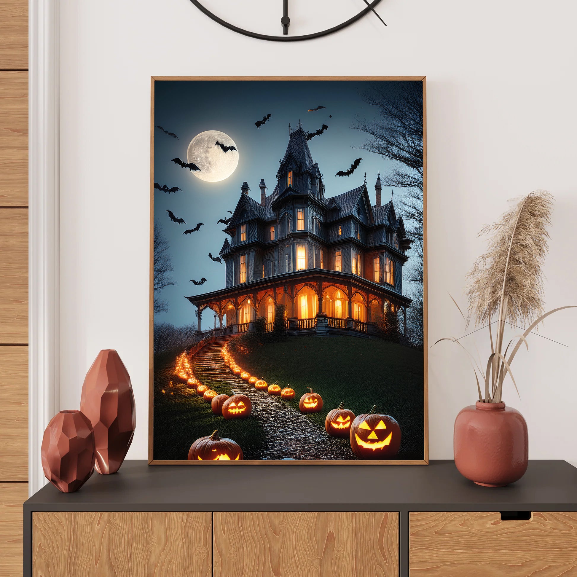 Cartoon gothic haunted Victorian mansion on a foggy hill with glowing pumpkins and bats – spooky Halloween illustration