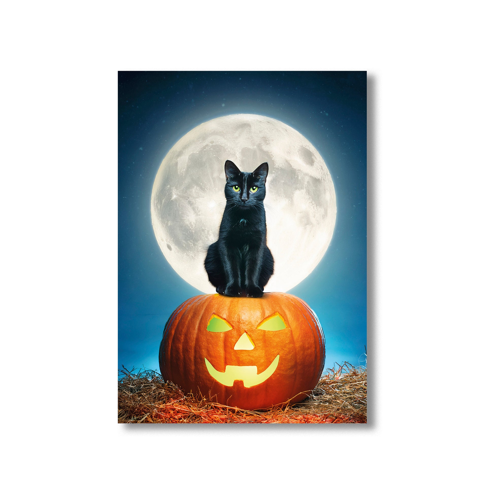 Cartoon gothic black cat with glowing green eyes sitting on a carved pumpkin under a full moon – spooky Halloween art