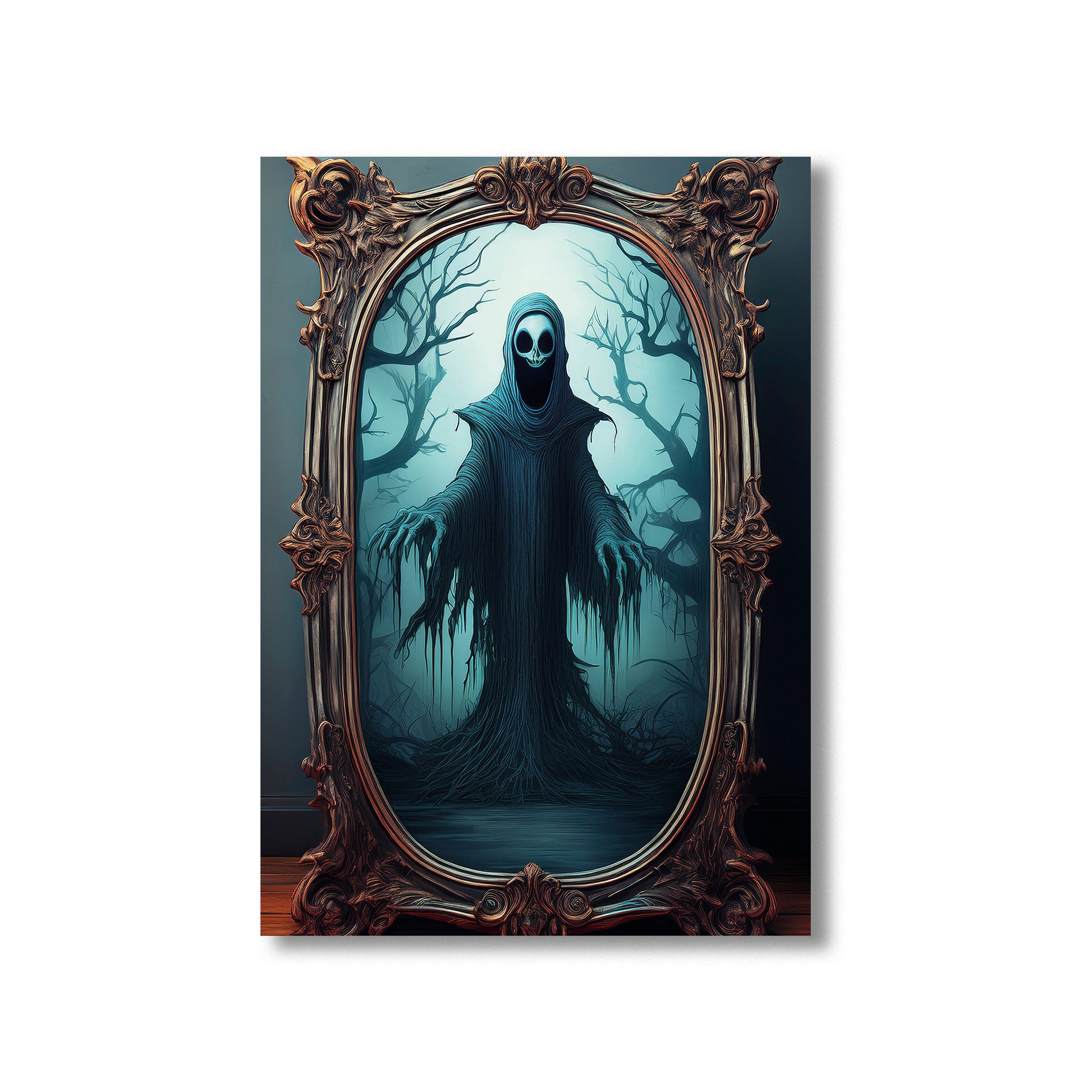 Cartoon haunted mirror with cracked glass reflecting a ghostly figure – spooky gothic Halloween illustration