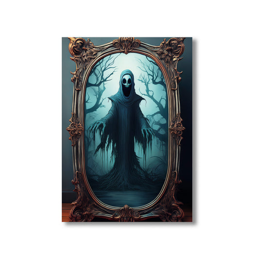 Cartoon haunted mirror with cracked glass reflecting a ghostly figure – spooky gothic Halloween illustration