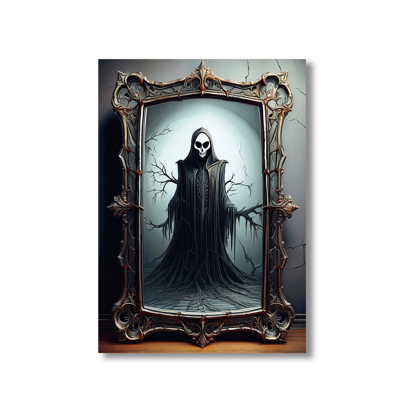 Cartoon haunted mirror with cracked glass reflecting a ghostly figure – spooky gothic Halloween illustration