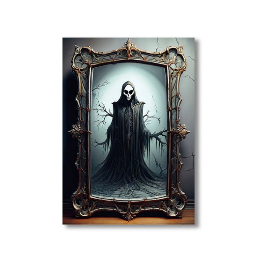 Cartoon haunted mirror with cracked glass reflecting a ghostly figure – spooky gothic Halloween illustration