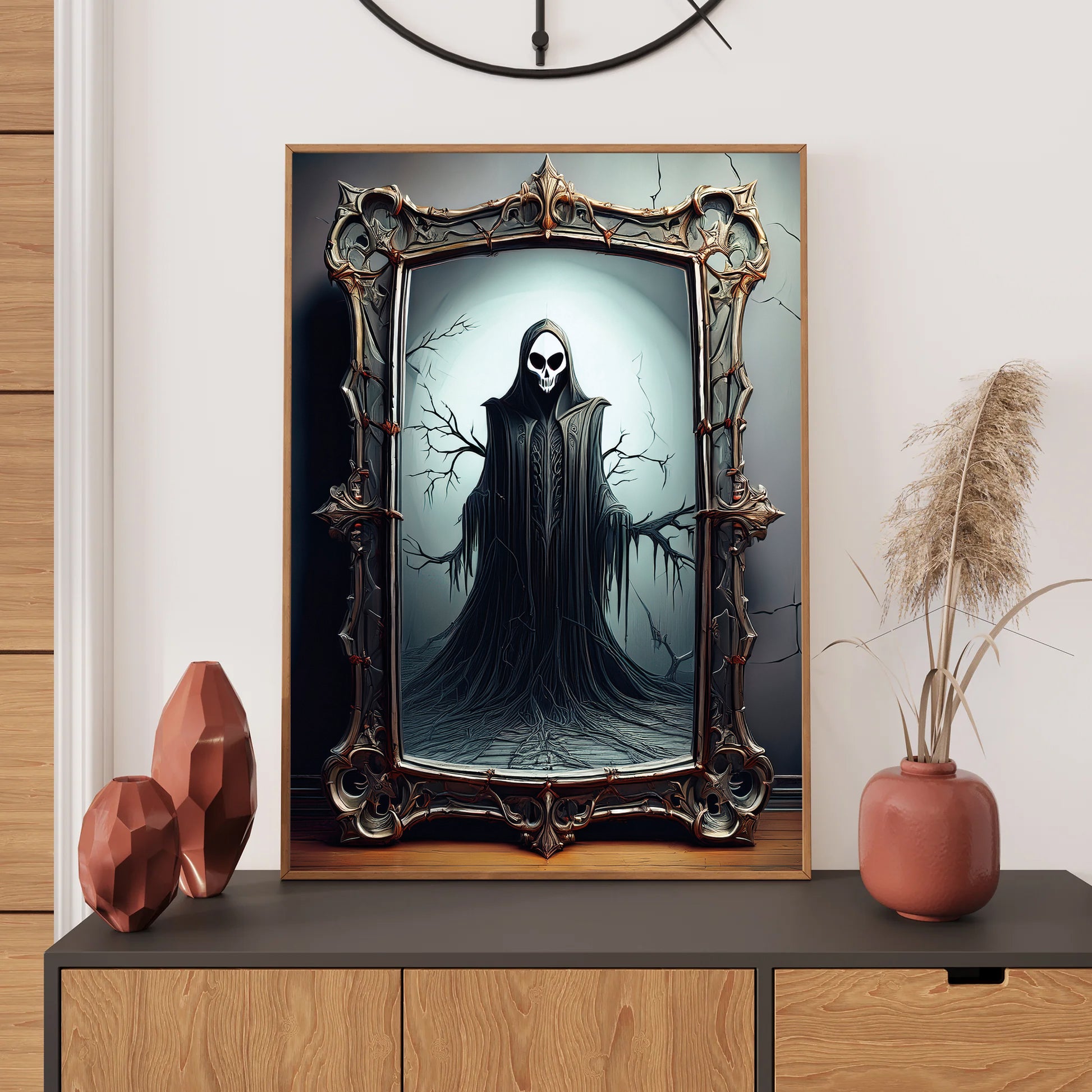 Cartoon haunted mirror with cracked glass reflecting a ghostly figure – spooky gothic Halloween illustration