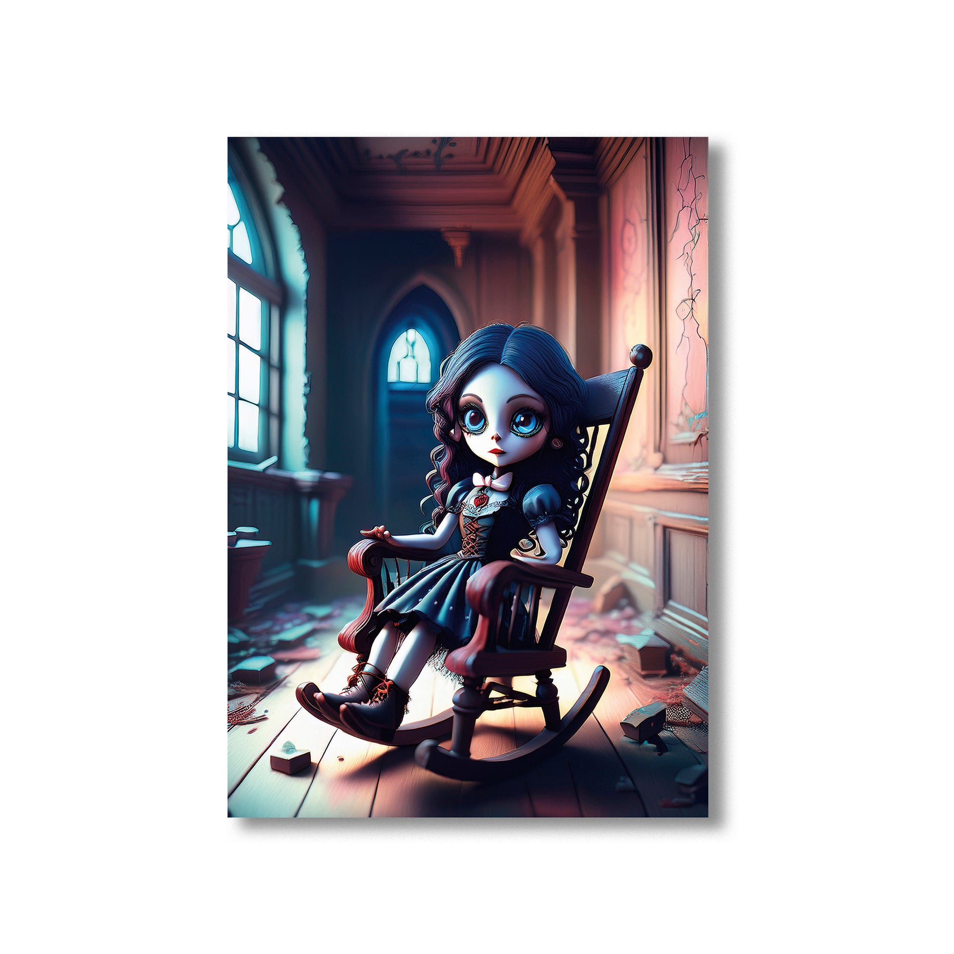 Cartoon creepy doll with button eyes sitting in an old rocking chair in an abandoned house – gothic Halloween illustration