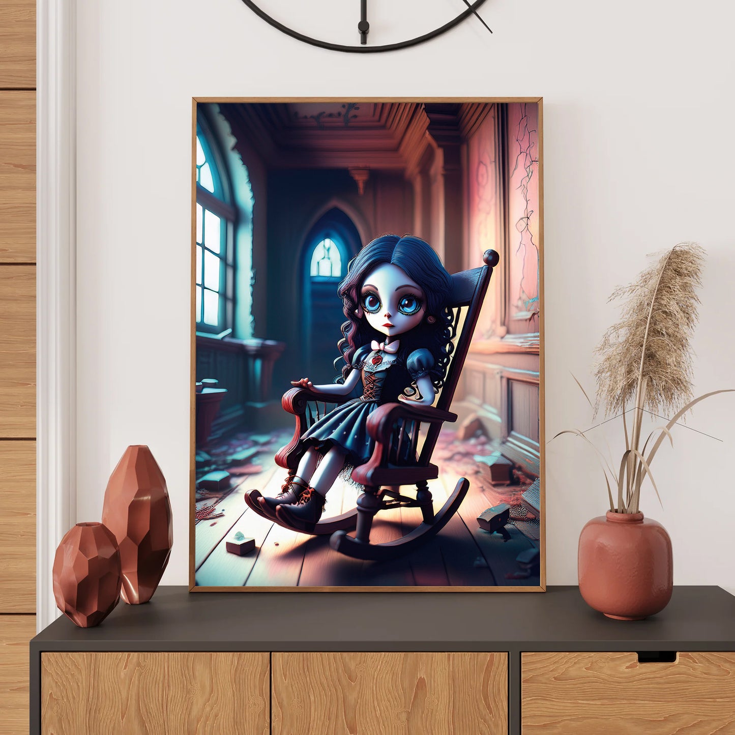 Cartoon creepy doll with button eyes sitting in an old rocking chair in an abandoned house – gothic Halloween illustration