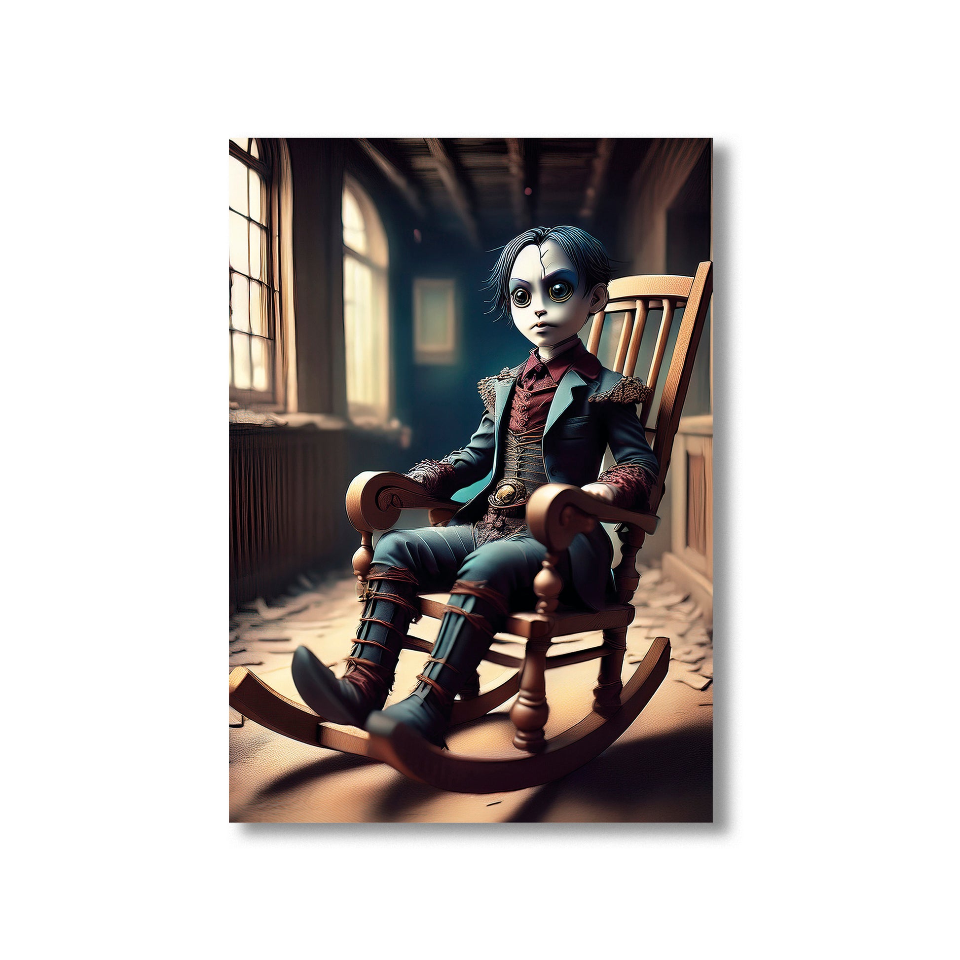 Cartoon creepy doll with button eyes sitting in an old rocking chair in an abandoned house – gothic Halloween illustration