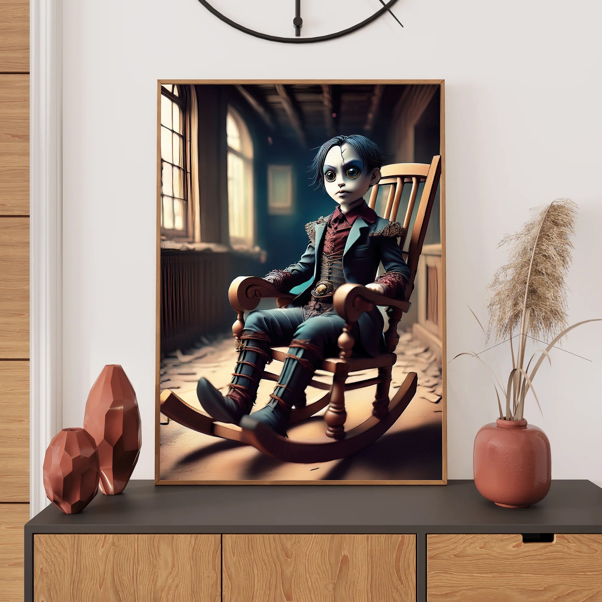 Cartoon creepy doll with button eyes sitting in an old rocking chair in an abandoned house – gothic Halloween illustration