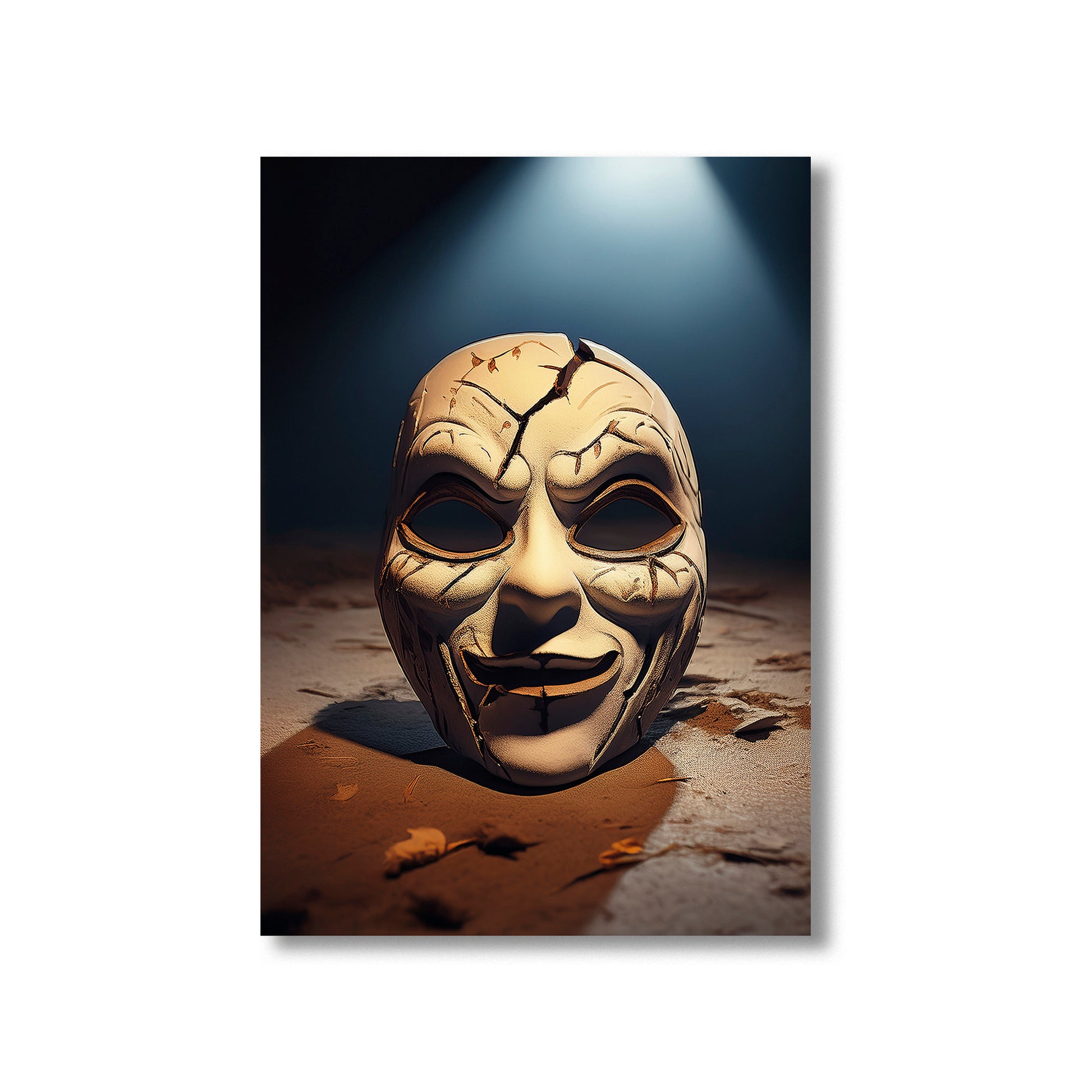 Cartoon cracked carnival mask on a dusty floor with eerie shadows – gothic Halloween illustration