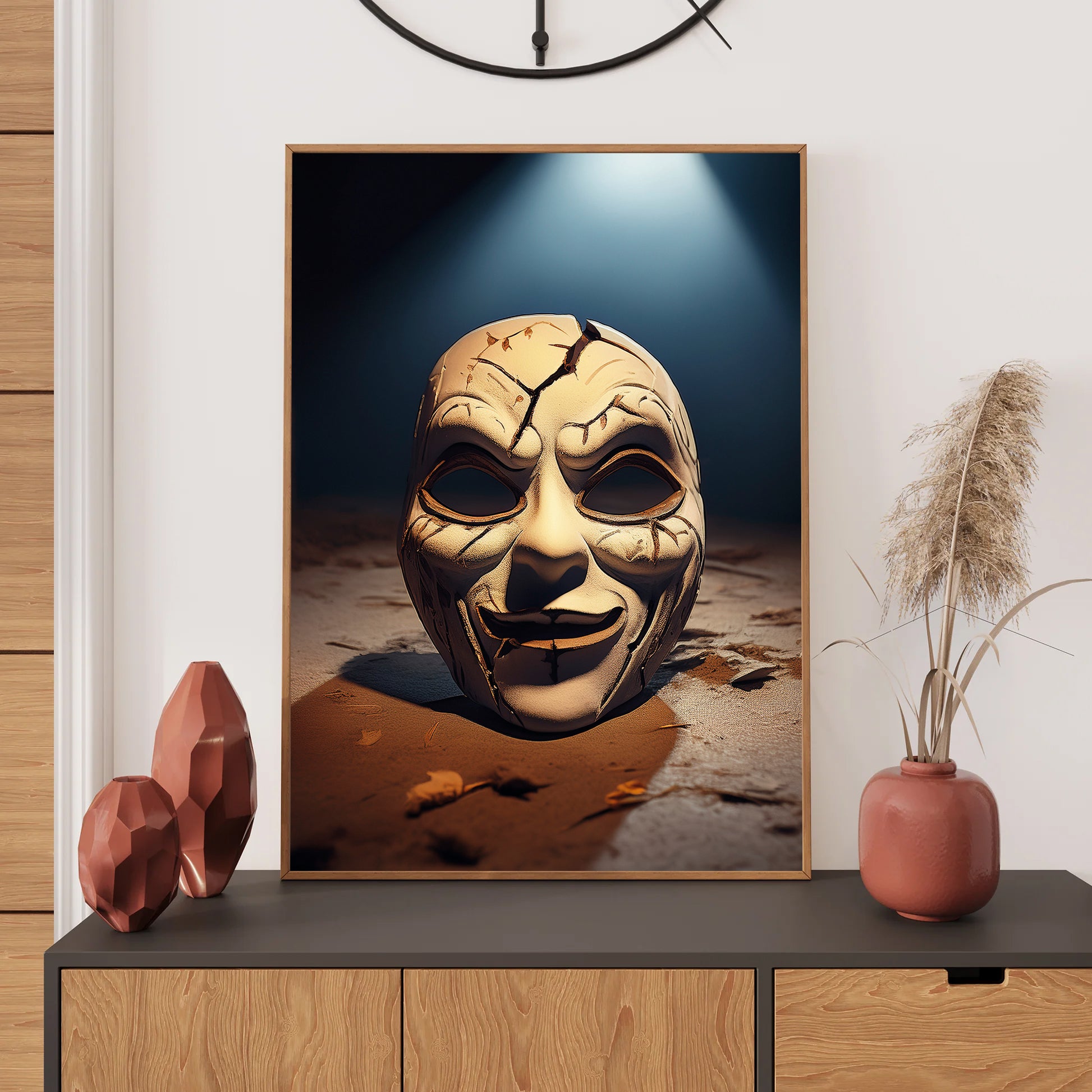 Cartoon cracked carnival mask on a dusty floor with eerie shadows – gothic Halloween illustration