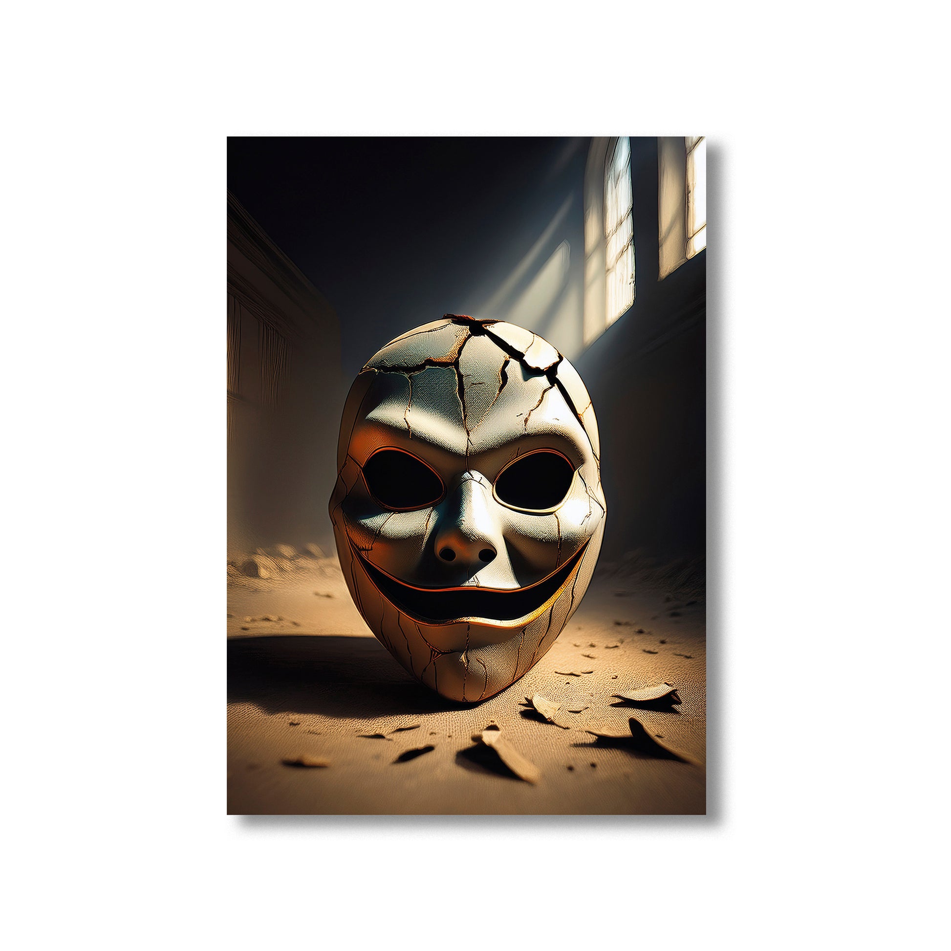 Cartoon cracked carnival mask on a dusty floor with eerie shadows – gothic Halloween illustration