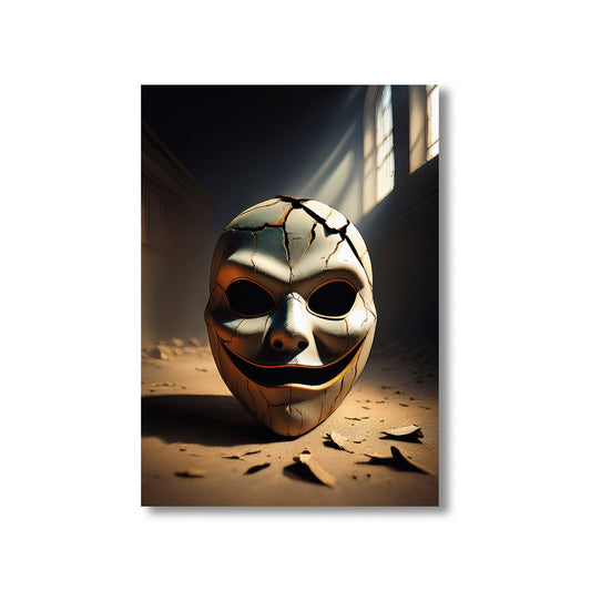Cartoon cracked carnival mask on a dusty floor with eerie shadows – gothic Halloween illustration