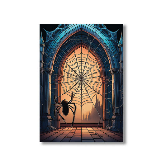 Cartoon gothic abandoned church covered in glowing spider webs under moonlight – spooky Halloween illustration