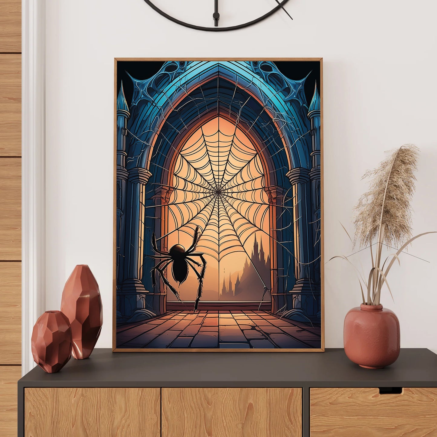 Cartoon gothic abandoned church covered in glowing spider webs under moonlight – spooky Halloween illustration