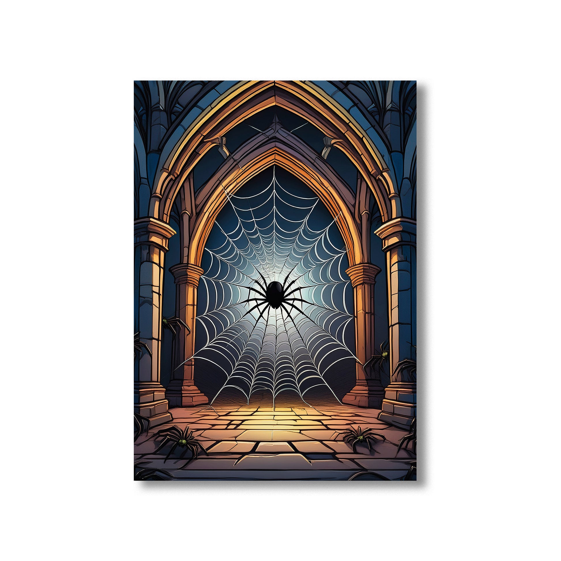 Cartoon gothic abandoned church covered in glowing spider webs under moonlight – spooky Halloween illustration