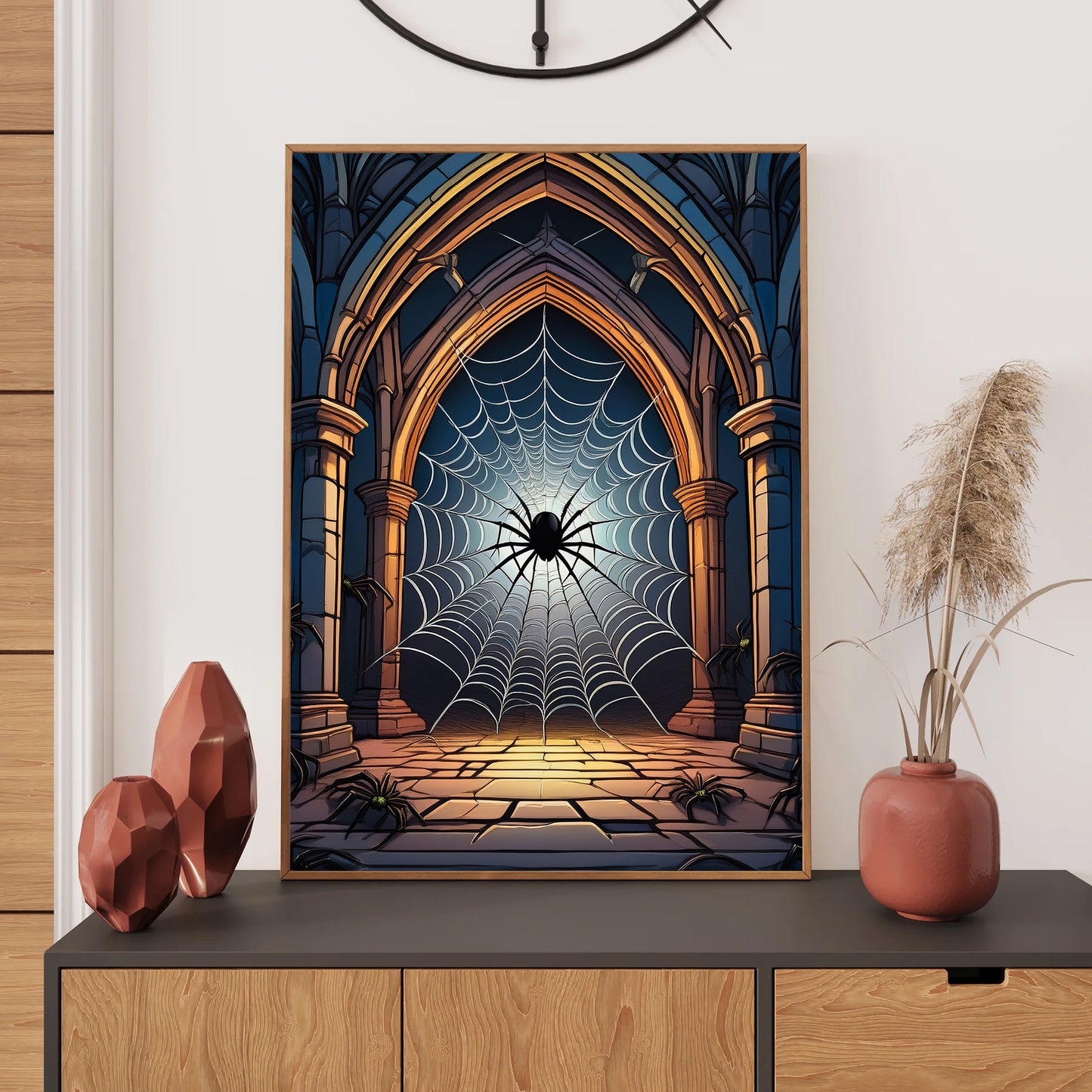Cartoon gothic abandoned church covered in glowing spider webs under moonlight – spooky Halloween illustration