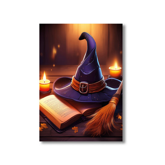 Cartoon gothic witch’s hat, broomstick, and spellbook glowing under candlelight – spooky Halloween illustration