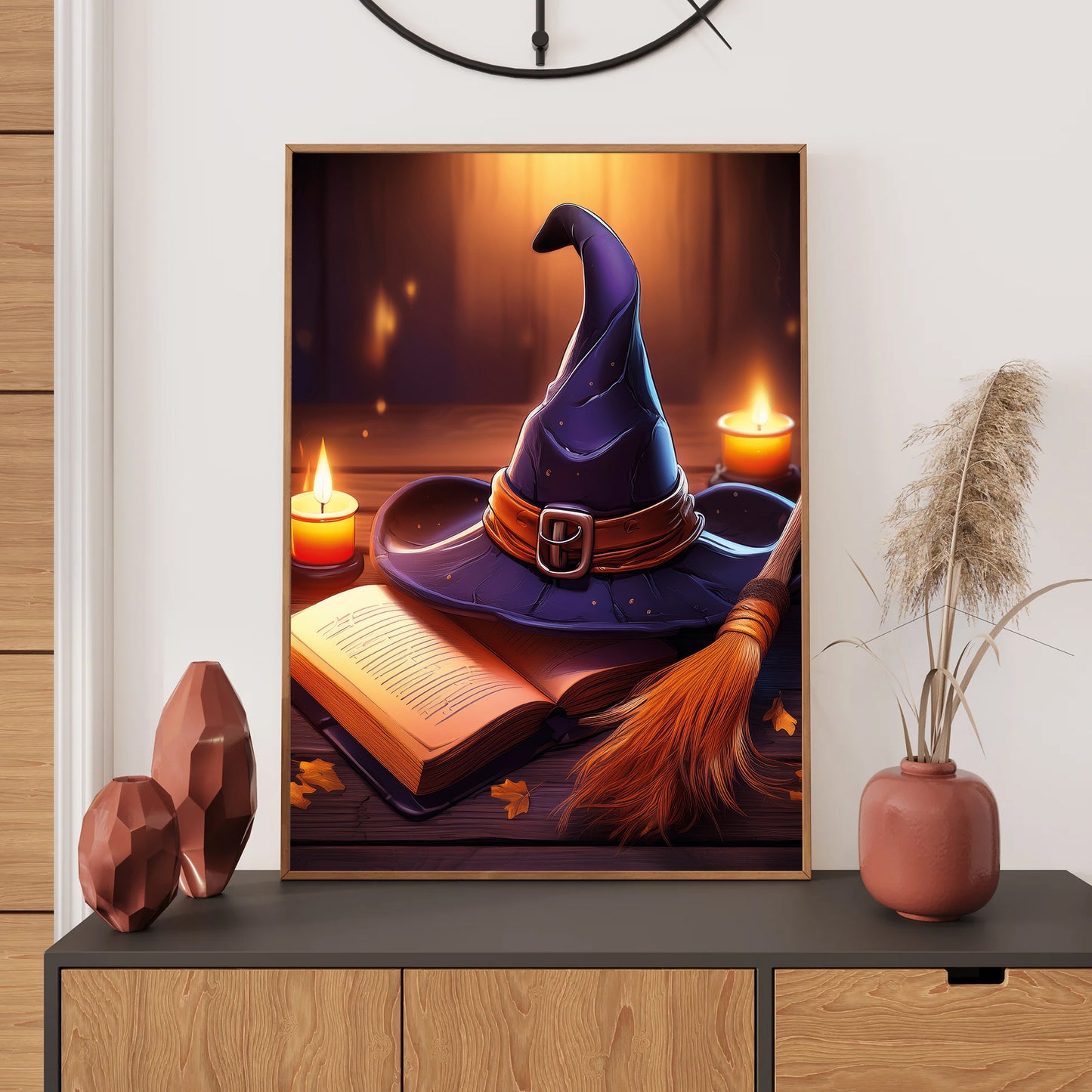 Cartoon gothic witch’s hat, broomstick, and spellbook glowing under candlelight – spooky Halloween illustration