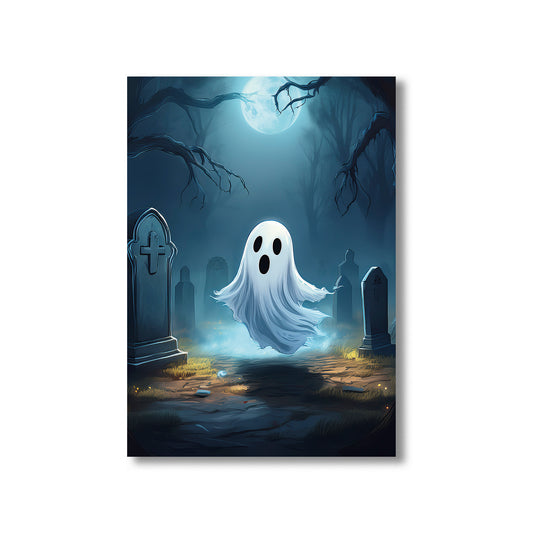 Cartoon ghost floating in a foggy graveyard with cracked tombstones – spooky gothic Halloween illustration