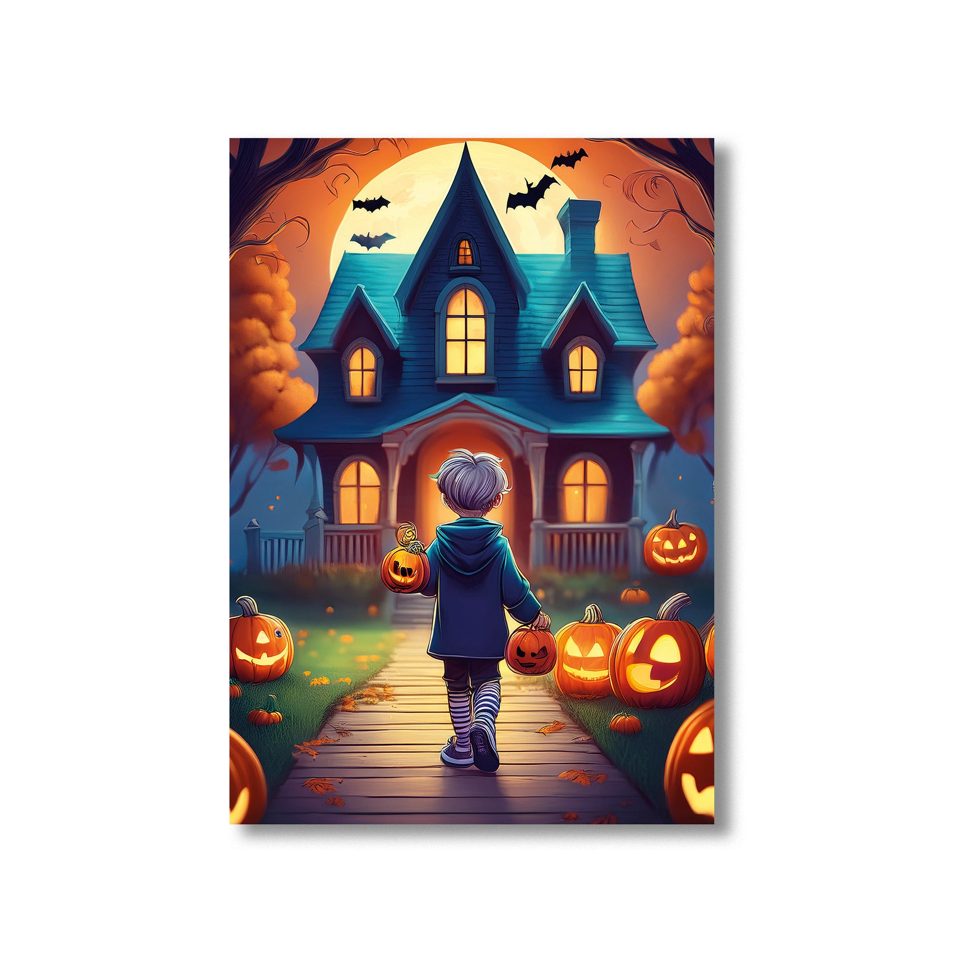 Cartoon shadowy trick-or-treaters walking down a lantern-lit street under a glowing moon – spooky gothic Halloween illustration
